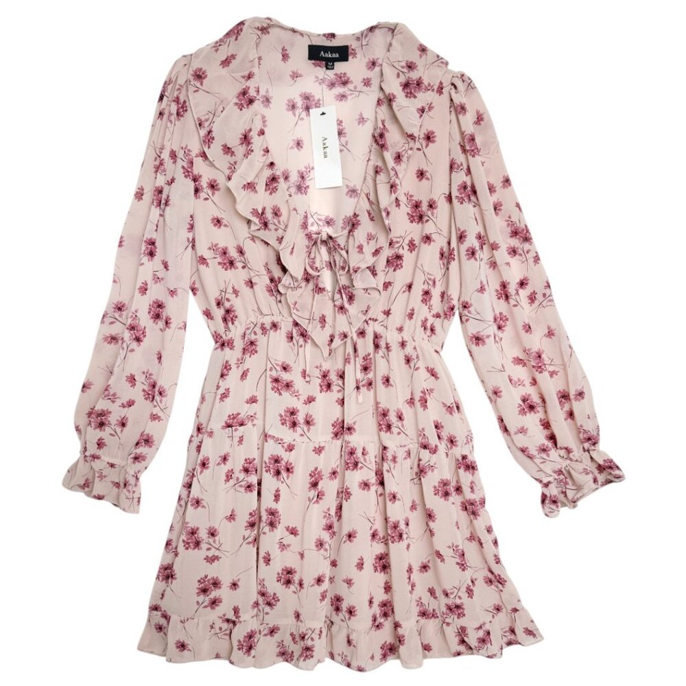AAKAA FLORAL DUSTY PINK DRESS RUFFLE NECK BLOOMCORE ROMANTIC FLIRTY SOFT GIRL M